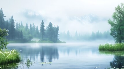 Misty lake scene in a forest