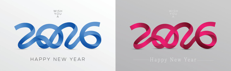 Happy New Year 2026. Minimalist design concept with ribbon as a symbol of gift and celebration becomes the number 2026