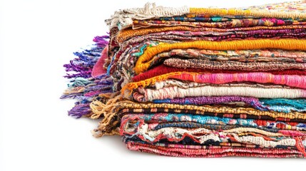 Colorful stacked textiles displaying vibrant patterns and textures