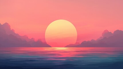 Serene Sunset Over Tranquil Ocean with Soft Color Palette and Dreamy Cloud Reflections