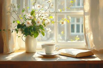 Fototapeta premium Cozy sunlit windowsill with a white cup of coffee on a saucer, an open book, and a vase of delicate white flowers with green leaves, softly illuminated by warm daylight
