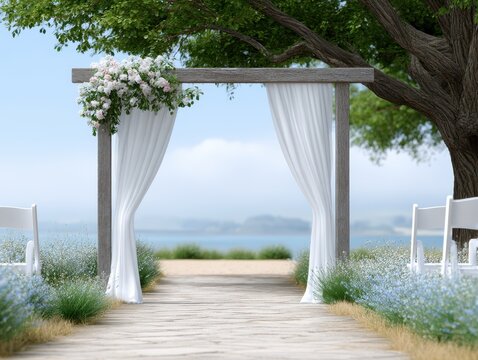 Rustic Wooden Wedding Archway on Sandy Beach - Powered by Adobe