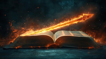 Fiery arrow piercing bible, dark background, sparks, faith concept