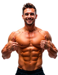 Fototapeta premium Fit Man Showing Thumbs Up with Well-Defined Abs and Muscles