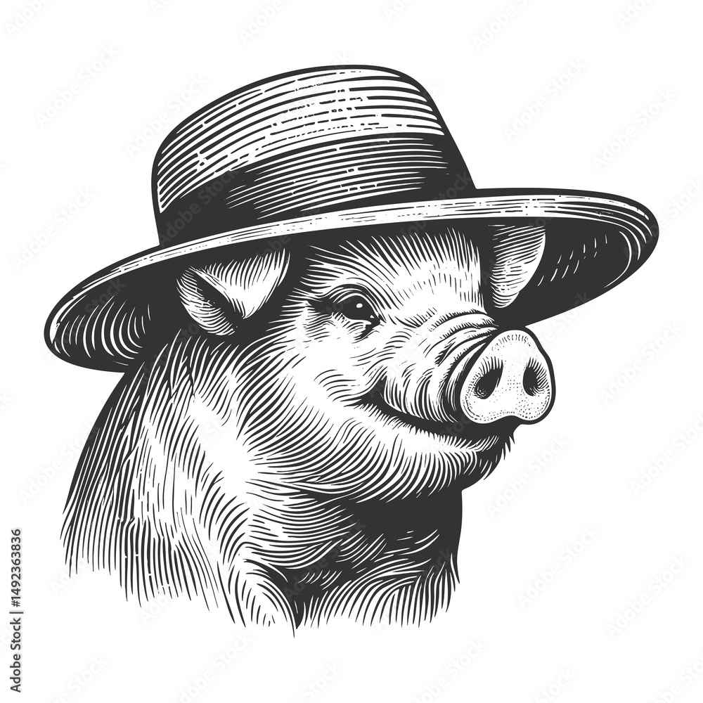 Poster pig in hat with a confident expression sketch engraving generative ai raster illustration. scratch b