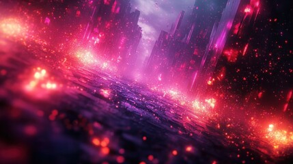 Obraz premium Glowing vibrant abstract cityscape at night with bright pink and orange lights and a reflective wet street under a dramatic sky