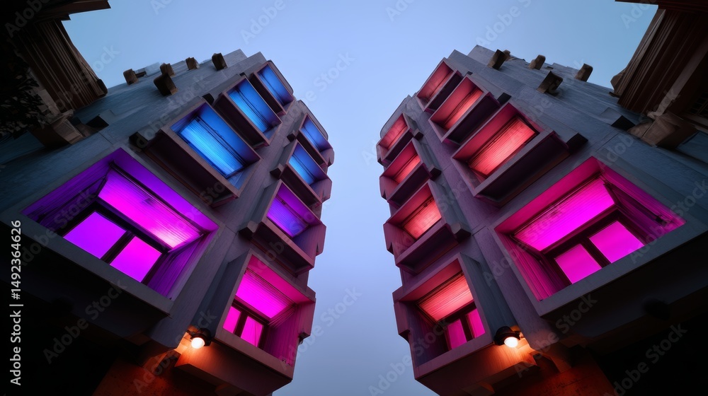 Poster empathy towers synchronizing colors to reflect shared calm - futuristic mood-responsive architecture