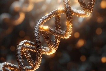 Close-up 3D rendering of a glowing double helix DNA strand structure with detailed texture and lighting, symbolizing genetic science and molecular biology