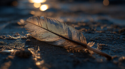 Moonlit feather rests gently on sandy ground, casting shadows that evoke sense of peace and tranquility in tranquil night scene, feels restful and ethereal