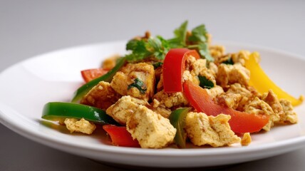 Fototapeta premium A plate of scrambled tofu with colorful bell peppers and fresh cilantro garnish.