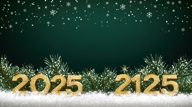 Golden 2025 & 2125 on snowy fir, dark green background, snowfall, New Year's greeting