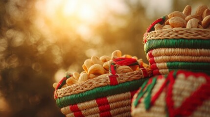 Naklejka premium Traditional woven baskets filled with cashews and tropical fruits, adorned with red and green ribbons. Celebrating Mozambique's Independence Day wi