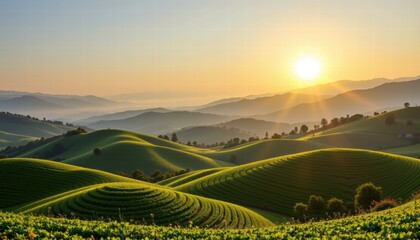 Naklejka premium Tranquil Sunrise Over Lush Green Hills with Gentle Rolling Landscape and Soft Light Illuminating Nature's Beauty in Serene Environment