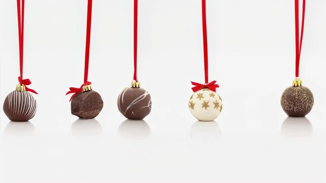 Set of chocolate Christmas tree decorations of different shapes hanging on a ribbon isolated on white background. Holiday decorative border