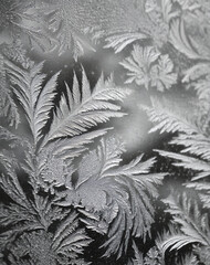 Mesmerizing monochrome display of ice crystals forming intricate frost patterns on window, evoking sense of serene wonder and cold beauty
