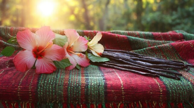 Handwoven lamba with vanilla pods and hibiscus, celebrating Madagascar's vibrant culture and natural bounty.