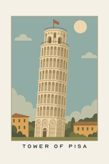 Flat Style Illustration of Leaning Tower of Pisa – Minimalist Poster with Iconic Italian Landmark, Blue Sky, Soft Clouds, and Elegant Travel Art Design