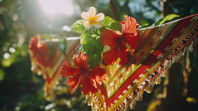 Handwoven lamba with vanilla pods and hibiscus, celebrating Madagascar's vibrant culture and natural bounty.