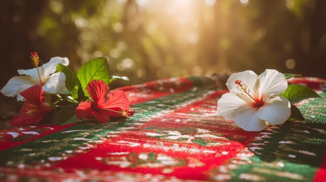 Handwoven lamba with vanilla pods and hibiscus, celebrating Madagascar's vibrant culture and natural bounty.