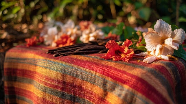 Handwoven lamba with vanilla pods and hibiscus, celebrating Madagascar's vibrant culture and natural bounty.