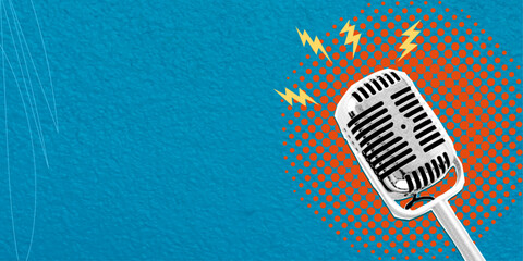 Art collage, microphone on blue background with space for text or advertisement. Concept of interview and advertisement.
