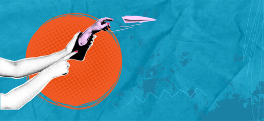 Two hands interact with a smartphone, launching a paper airplane. Trendy art collage with a bright orange circle and turquoise background, emphasizing creativity and playfulness.