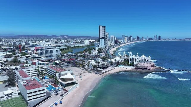 Aerial Mexico Mazatlan sandy beach resort vacation 4. Seaport cargo, automobiles, fishing and cruise ships. Luxury resort Mexican Riviera. Ocean tropical vacation business. Beach recreation. m