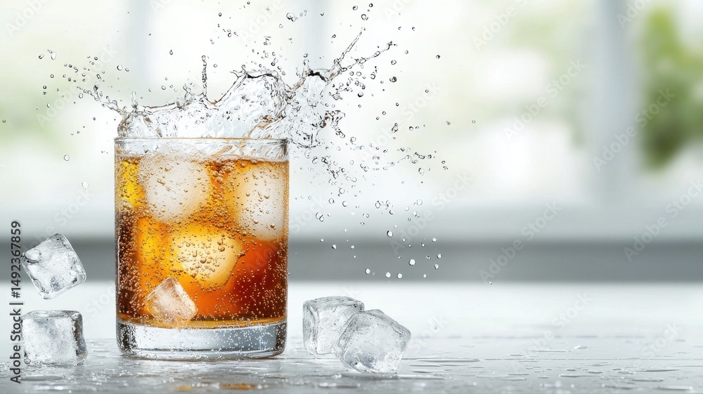 Poster refreshing drink with ice cubes and dynamic splash drink splash ice refreshing dynamic beverage soda
