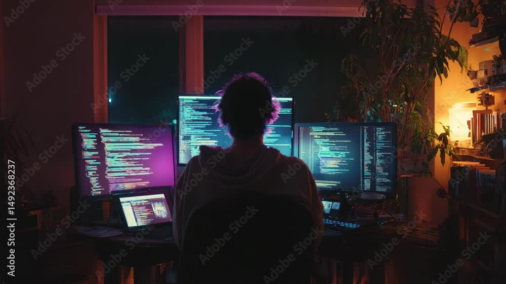 Poster a programmer working in a modern, dim environment