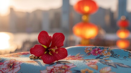Close-up of a red bauhinia brooch on silk, golden light on petals, festive city backdrop - celebrating Hong Kong's establishment day with elegance.