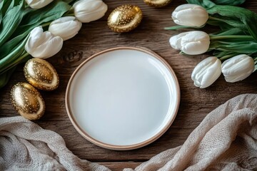 Empty plate surrounded by white tulips and golden decorative eggs on a wooden table with beige textured fabric