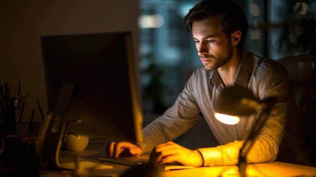 Focused individual working diligently at desk at night 