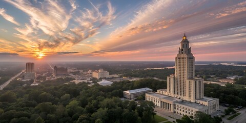 Baton Rouge Louisiana State Capitol Building at Sunset Aerial View