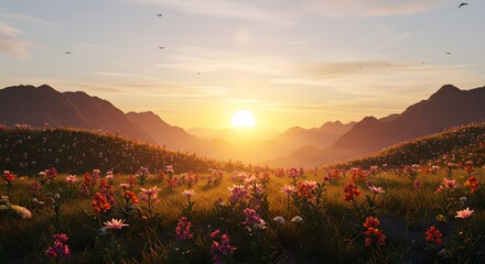 Fototapeta premium geometric floral mountain landscape sunset illustration in morning radiance, subject positioned at the top with clear copy space at the bottom for photos. ,hyper realistic digital art