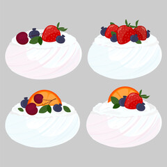Meringue dessert meringue Pavlova collection. Set of airy sweets isolated white, blue and pink. Berries and protein with sugar. Vector editable illustration. Hand drawn