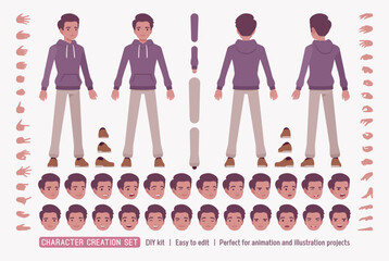 Dark skin guy wearing purple hoodie DIY character creation set, sporty casual streetwear body figure parts. Male head, leg, hand gestures, different emotions, construction kit. Vector illustration