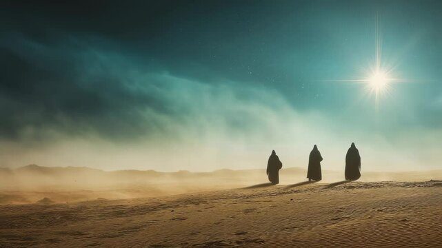 	Christmas background. Three wise men go to Bethlehem through the desert. Holy night, Bethlehem star