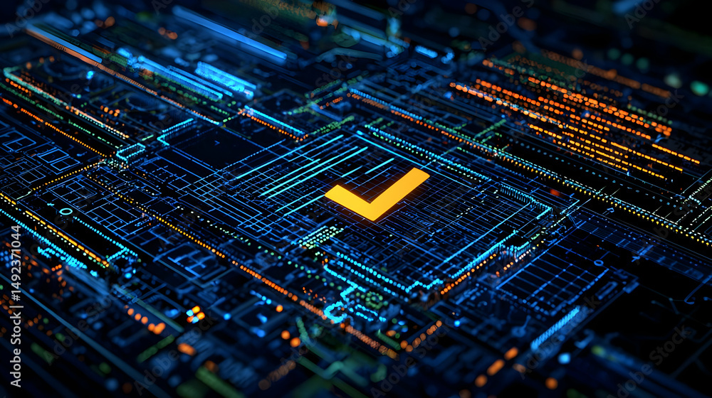 Poster abstract circuit board with glowing check mark