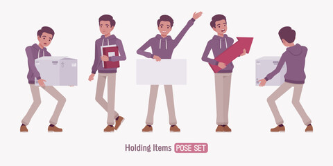 Young dark skin guy wearing purple hoodie holding items pose set. City casual streetwear daily leisure activities, everyday office work, vacation street fashion. Vector flat style cartoon illustration
