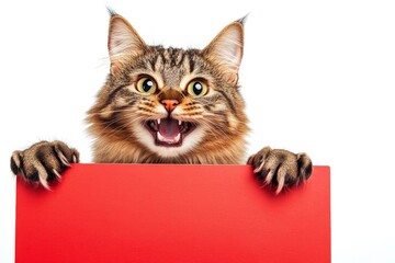 Studio cutie for sale. Isolated cat on a solid outfit pure white background. Clean promo animal shot. &ETH;&iexcl;ute adult cat kurilian bobtail hold in front paws a template - large red boulevard sign.