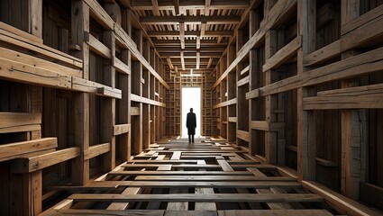 A figure wanders through a complex wooden labyrinth