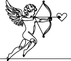 Fototapeta premium Winged cupid drawing aiming bow and arrow at heart symbol 