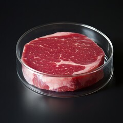 Raw Cultured Steak in Petri Dish Clean Meat Concept for Science Innovation Food Industry Dark Mood