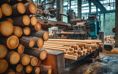 large wooden factory with stacked pine trees and processed lumber, showcasing intricate details of woodwork and machinery in bustling environment