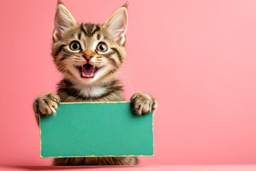 Isolated feline infant on a solid suit pink background. &ETH;&iexcl;ute cat pixiebob hold in front paws a design draft - large green drive sign. Cute friend isolated. Pet mockup with message.