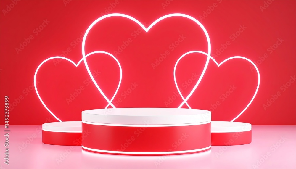 Poster a vibrant display featuring illuminated heart shapes on a red background, creating a romantic and fe