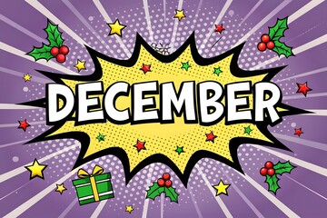 Obraz premium Decorative December lettering amidst bursting stars, holly, and a gift box against retro backdrop
