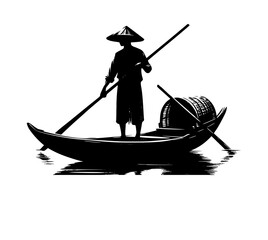 Fototapeta premium silhouette person standing rowing traditional wooden boat vector