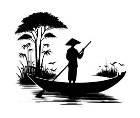 silhouette person standing rowing traditional wooden boat vector