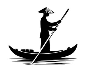 Fototapeta premium silhouette person standing rowing traditional wooden boat vector
